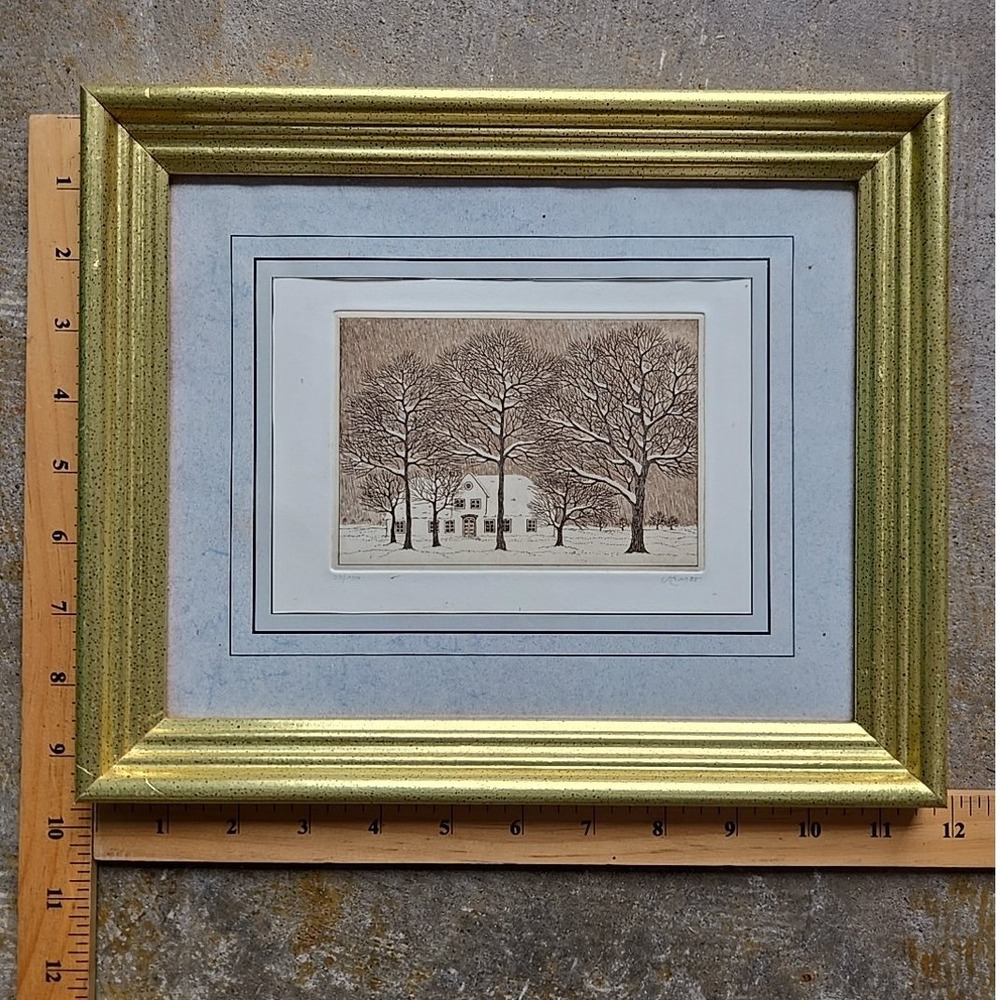 Winter Landscape Etching Limited Edition Signed Numbered 1985 Snow Trees Framed